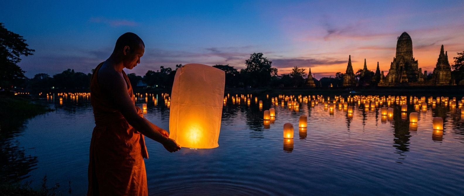 A Buddhist monk, cloaked in saffron robes, stands silhouetted against a twilight sky, releasing a glowing lantern onto a calm river. The soft light illuminates the water, with more lanterns gently drifting into the distance, symbolizing transition and remembrance in a serene, contemplative wide shot.