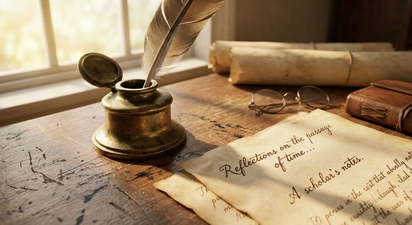 This image has a warm, nostalgic style with a focus on vintage scholarly themes. The main subject is a bronze inkwell with a feather pen inserted.  The composition is a close-up shot on a worn wooden desk near a window, with sunlight streaming in from the left.  The desk is cluttered with rolled-up parchment scrolls tied with twine, round-framed spectacles, a leather-bound notebook, and scattered sheets of paper with handwritten script. The colors are primarily warm browns, golds, and creams, creating a classic, academic atmosphere.  The overall tone is serene and evokes a sense of historical depth and reflection.