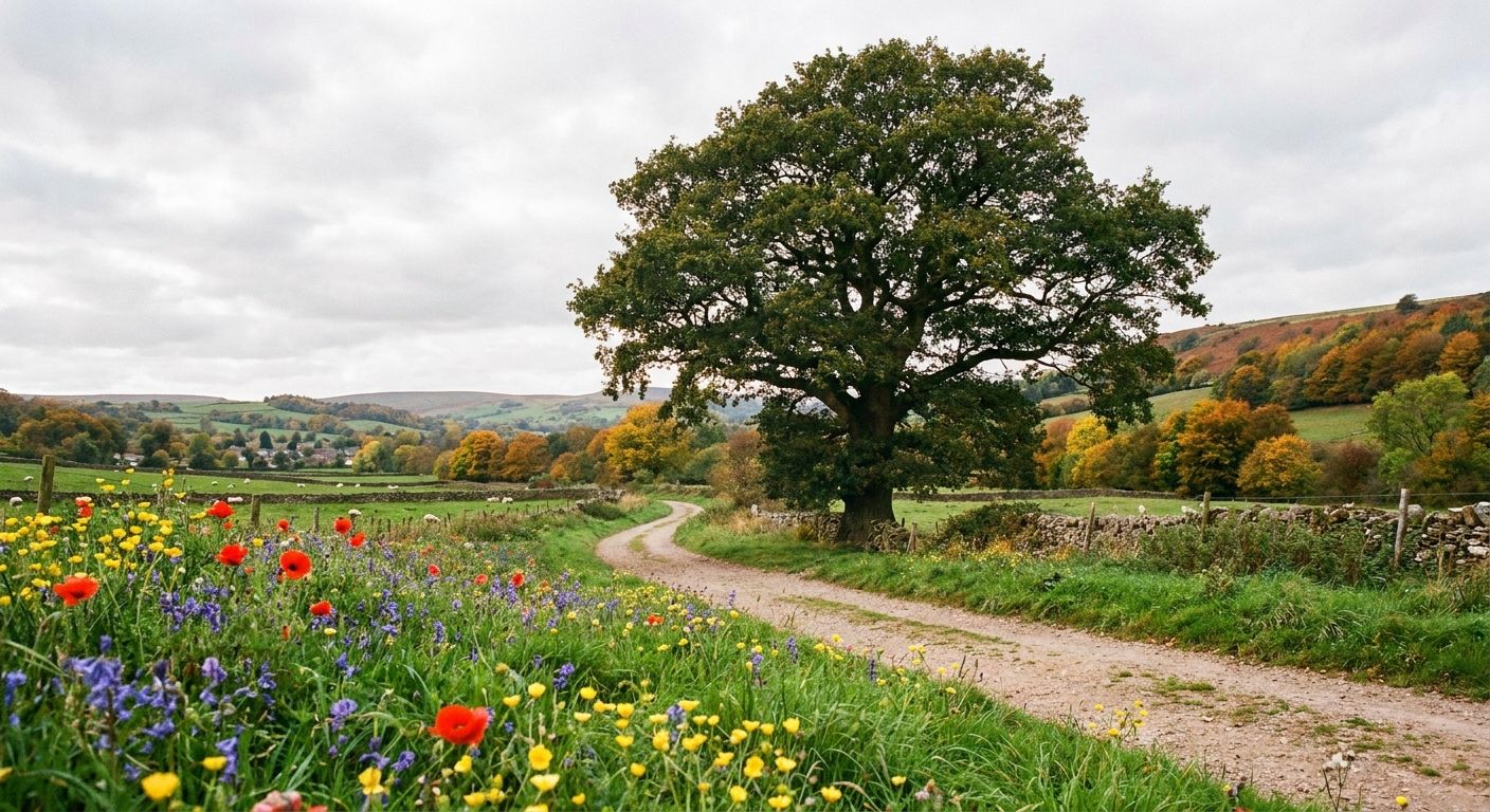 A winding dirt path leads through a picturesque British countryside, past a majestic ancient oak tree. The foreground features vibrant wildflowers and lush green grass, while the distant rolling hills are subtly touched with the golden hues of autumn, all under a classic soft British sky.