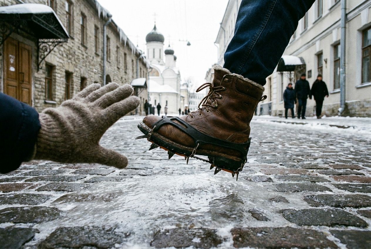 A person's foot in a winter boot is poised mid-air, about to step onto a treacherous patch of glistening ice on a cobblestone street in a historic Russian city. A second person's hand urgently reaches into the foreground, palm out, signaling a clear warning or instruction, under soft, cold winter light, composed for a 3:2 landscape frame.