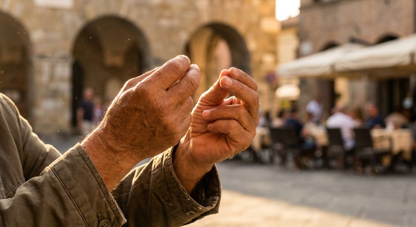 A dramatic, close-up photograph capturing an expressive Italian hand gesture in motion. The hands are sharply in focus, conveying a sense of urgency or emphasis, against a softly blurred, sun-drenched backdrop of a historic Italian piazza. Natural, warm light illuminates the scene, highlighting the cultural significance of the gesture.