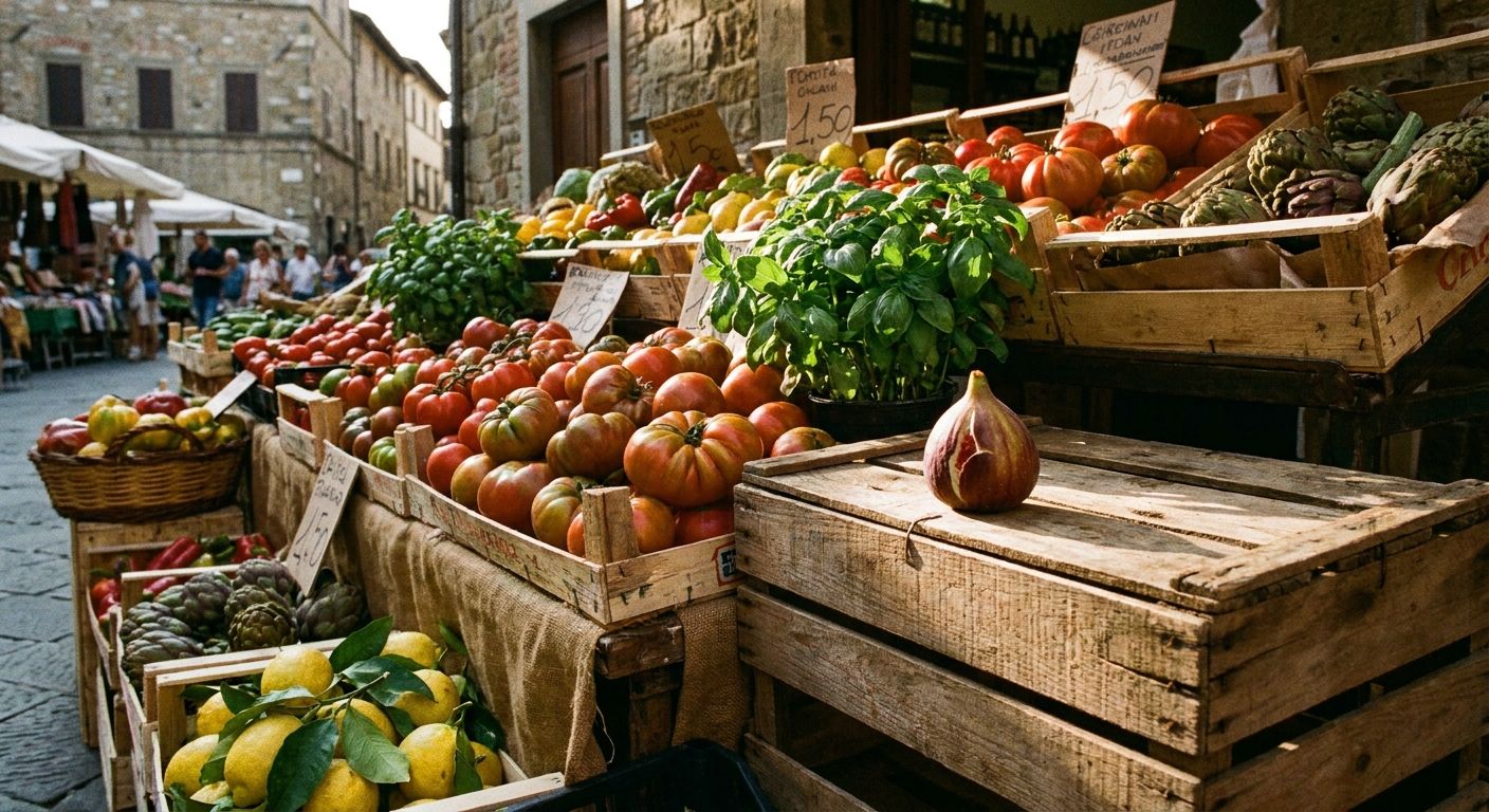 A dramatic close-up photograph of a rustic Italian market stall, overflowing with a vibrant, colorful abundance of fresh produce like ripe tomatoes, basil, and lemons. In contrast, a single, perfectly ripe fig rests delicately on a wooden crate next to the bounty, illuminated by warm, natural light.