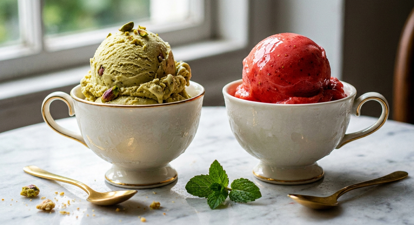 A vibrant, close-up photograph of two perfectly sculpted scoops of artisanal Italian gelato, one pistachio and one strawberry, side-by-side in elegant cups, glistening in natural light, evoking both comparison and delicious degree.