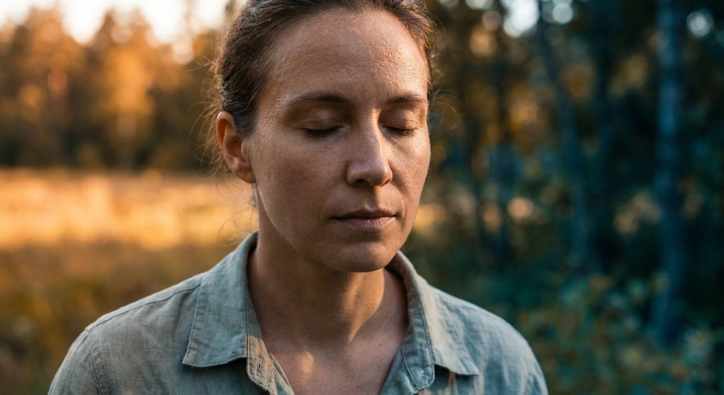 A dramatic, close-up photograph of a person's serene face, with a subtle sheen of sweat on their temple, illuminated by soft sunlight. In the blurred background, a vibrant, lush landscape shows contrasting elements of warmth and coolness, conveying the body's delicate internal temperature balance amidst environmental shifts.