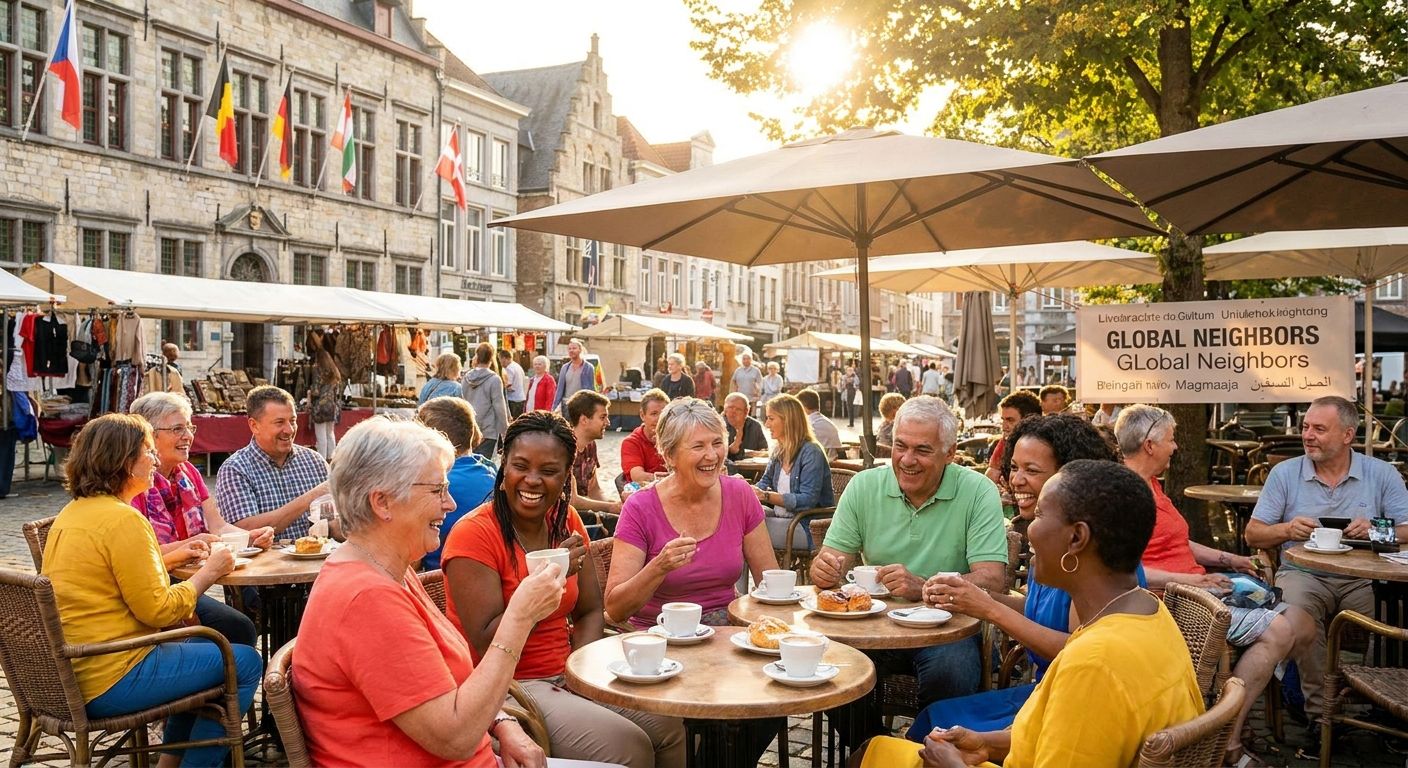 A vibrant, sunlit photograph of a diverse group of people from various backgrounds, smiling and engaged in lively conversation at an outdoor cafe or bustling plaza, conveying a sense of international connection and shared human experience. The scene captures the joy of discovering new cultures and languages, with a focus on natural interaction and warm, inviting atmosphere.