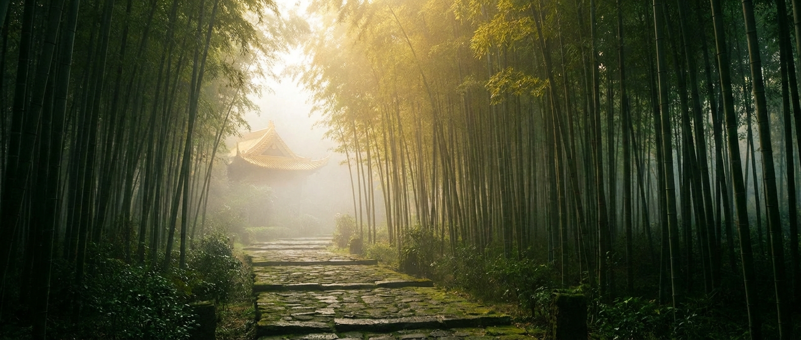 A serene, winding stone path disappears into a soft mist within a lush bamboo forest, with a hint of a golden, ancient Buddhist temple structure subtly emerging in the distance. The scene is bathed in an ethereal morning light, evoking a sense of peaceful journey and profound wisdom, captured as a wide, horizontal photograph.