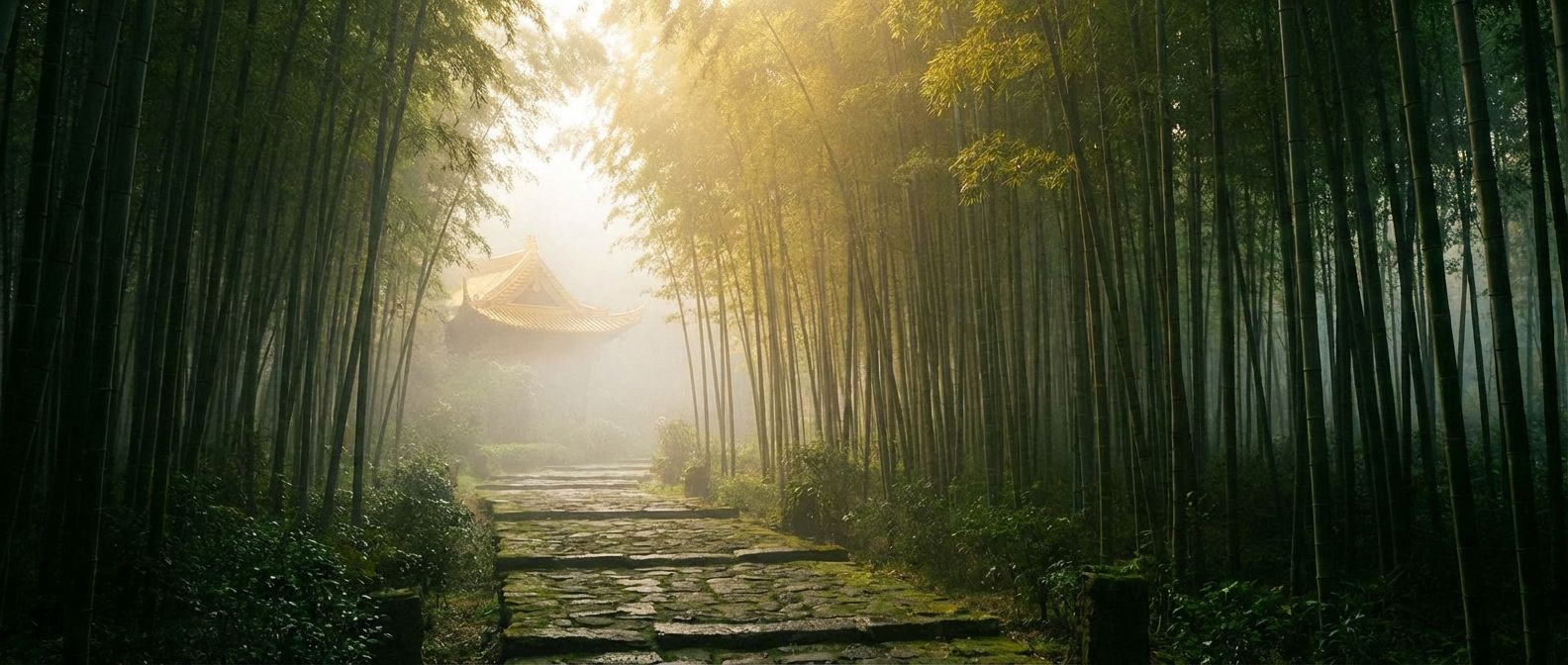 A serene, winding stone path disappears into a soft mist within a lush bamboo forest, with a hint of a golden, ancient Buddhist temple structure subtly emerging in the distance. The scene is bathed in an ethereal morning light, evoking a sense of peaceful journey and profound wisdom, captured as a wide, horizontal photograph.