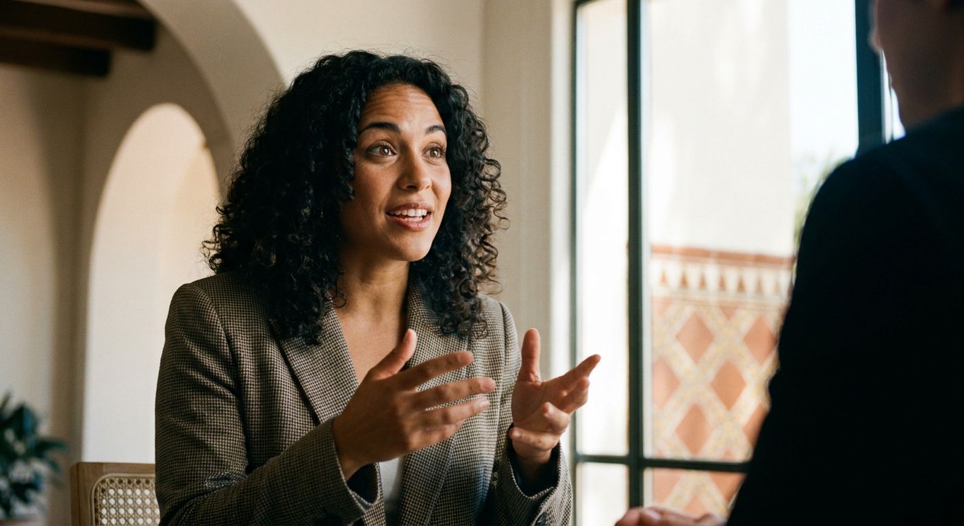 A confident young professional, possibly of Spanish descent, is captured mid-sentence during a consultation, with an engaged and articulate expression. The setting is a modern, well-lit office with subtle hints of warm, traditional Spanish architectural elements in the background, composed as a dramatic medium close-up photograph.