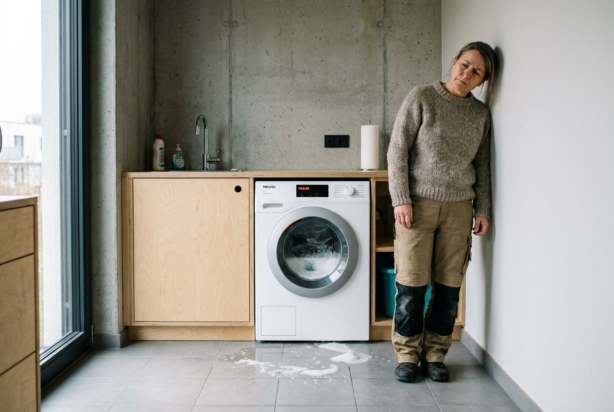 A person stands in a stylish, well-lit German apartment laundry area, looking with a mix of frustration and resignation at a washing machine that has stopped mid-cycle and has a small puddle on the floor. Their head is slightly tilted, as if listening to faint, loud noise from an unseen neighboring apartment. A vivid, realistic photograph composed for a 3:2 landscape frame.