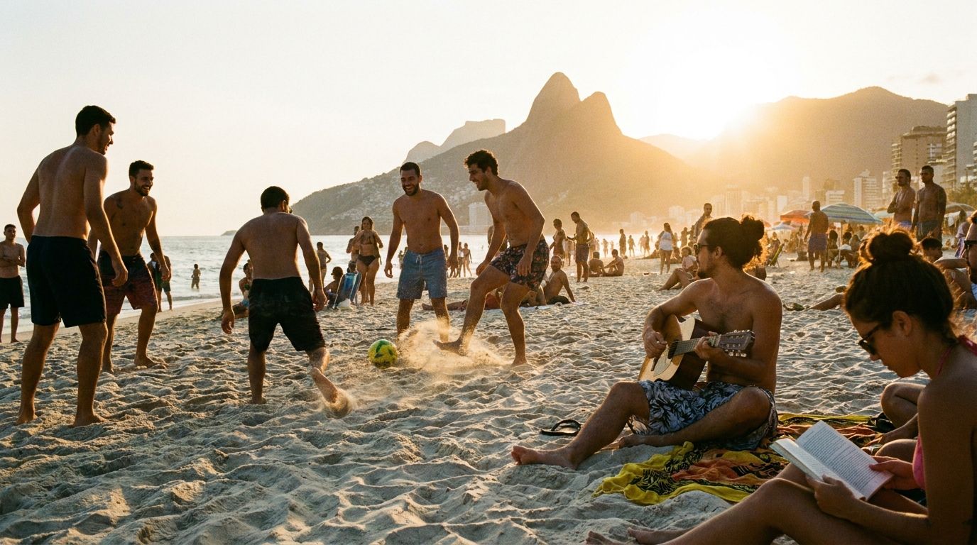 A candid, wide-angle photograph of a group of friends enjoying a casual game of football on Ipanema beach at sunset. Nearby, someone plays a guitar while another person reads a book, capturing the vibrant spirit of Brazilian leisure activities.