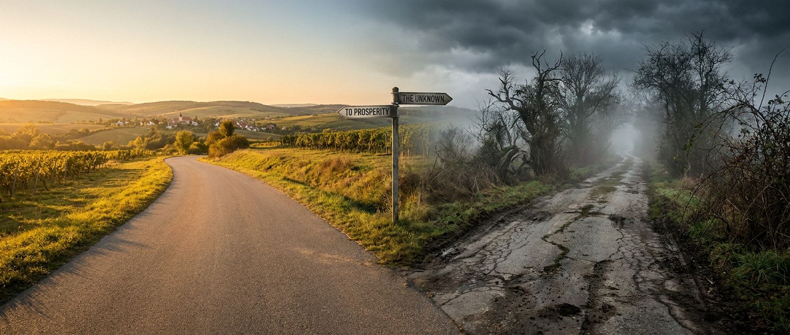 A dramatic, wide-angle photograph of a winding country road splitting into two distinct paths. One path is well-maintained and bathed in warm sunlight, leading towards a vibrant, inviting landscape in the distance, while the other is overgrown, shadowed, and leads into a misty, less clear horizon.