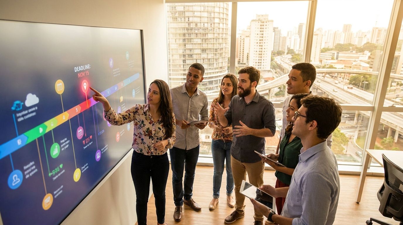 A vibrant, wide-angle photograph captures a diverse group of young Brazilian professionals intently collaborating around a large, interactive digital project timeline displayed on a screen in a modern, sunlit office. One person points to a critical deadline or task, while colleagues actively engage in discussion and strategize, conveying dynamic teamwork and the coordination of complex schedules. Through a large window, a bustling Brazilian city skyline is visible in the background.