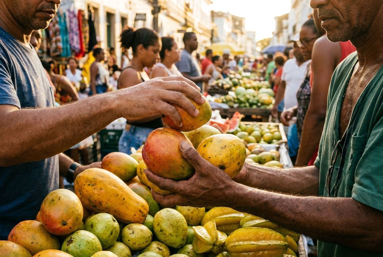 A vivid, close-up photograph of hands in a bustling Brazilian street market. A vendor's hand is outstretched, holding a handful of vibrant, ripe tropical fruits like mangoes and papayas, while a customer's hand reaches to select an item. The scene is bathed in warm natural light, capturing the lively atmosphere and the abundance of fresh produce, composed for a 3:2 landscape frame.