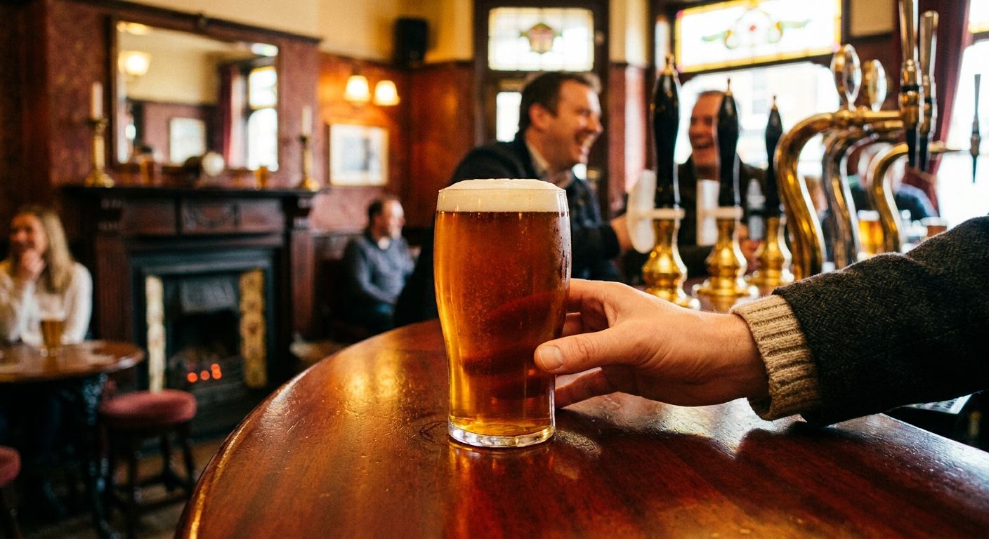 A vibrant, warm close-up photograph inside a traditional British pub, featuring a person's hand reaching for a freshly poured pint of ale on a polished wooden bar, with blurred background details of a cozy, bustling pub interior and people socializing. The lighting is soft and inviting.