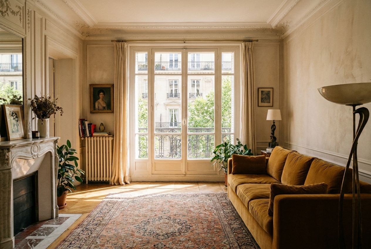 A wide, sunlit shot of a beautifully decorated, classic Parisian apartment living room, featuring a stylish velvet sofa, a vintage floor lamp, and a large window overlooking a charming Haussmannian street. The room is bathed in warm, soft light, creating an inviting and elegant atmosphere in a 3:2 landscape photograph.