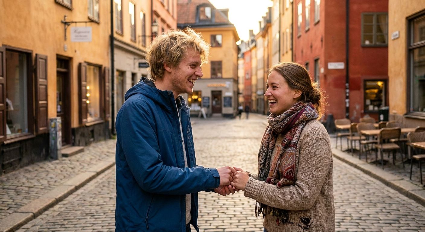 A candid, sun-drenched photograph of two young Swedes, a man and a woman, smiling genuinely as they shake hands on a charming cobblestone street in Stockholm. The background subtly features traditional colorful Swedish buildings, conveying a sense of friendly interaction and local culture.