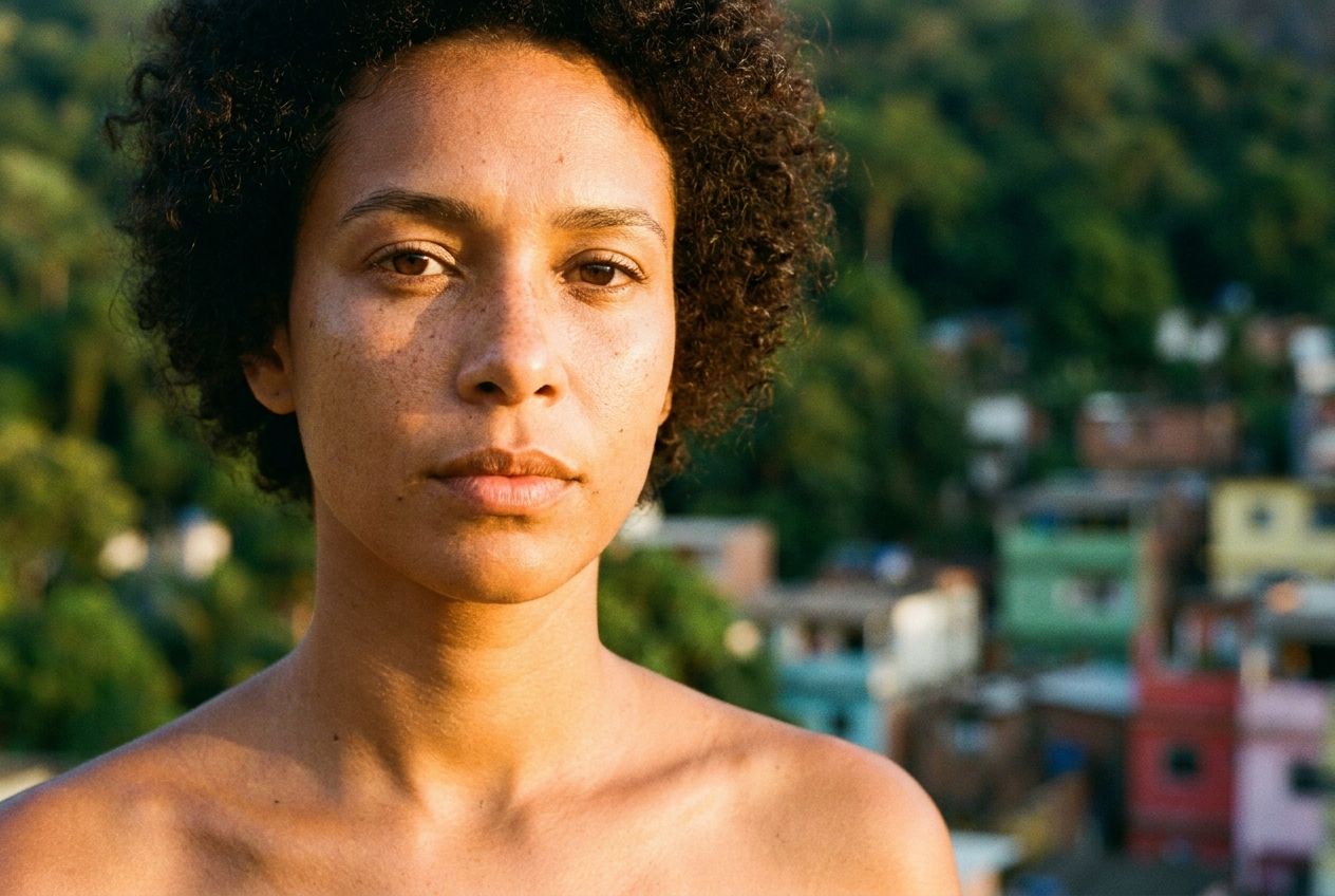 A vibrant, close-up portrait of a diverse Brazilian person with a contemplative or calm expression. The focus is on their face, neck, and shoulders, with details of their eyes, nose, and mouth clearly visible. The background is a soft blur of lush Brazilian nature or a colorful urban scene, bathed in warm, natural light. Shot in a 3:2 landscape format with a shallow depth of field.