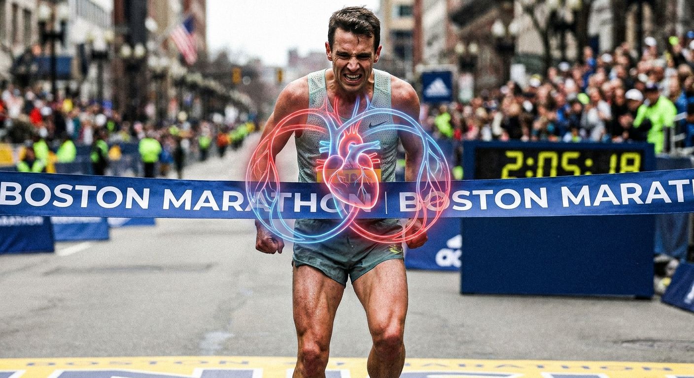 A dynamic, low-angle photograph of a marathon runner sprinting towards the finish line, sweat glistening, muscles tensed, with a blurred stadium background. The image powerfully conveys peak human performance and the efficient delivery of oxygen and nutrients through a robust double circulatory system.