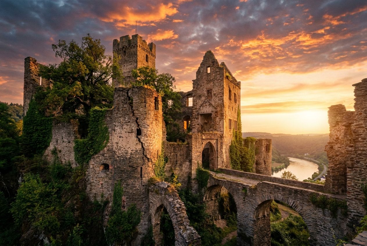 A dramatic photograph of the majestic ruins of an ancient German castle, bathed in the soft glow of a setting sun. The crumbling stone walls and overgrown foliage evoke a powerful sense of history and past grandeur, composed for a 3:2 landscape frame.