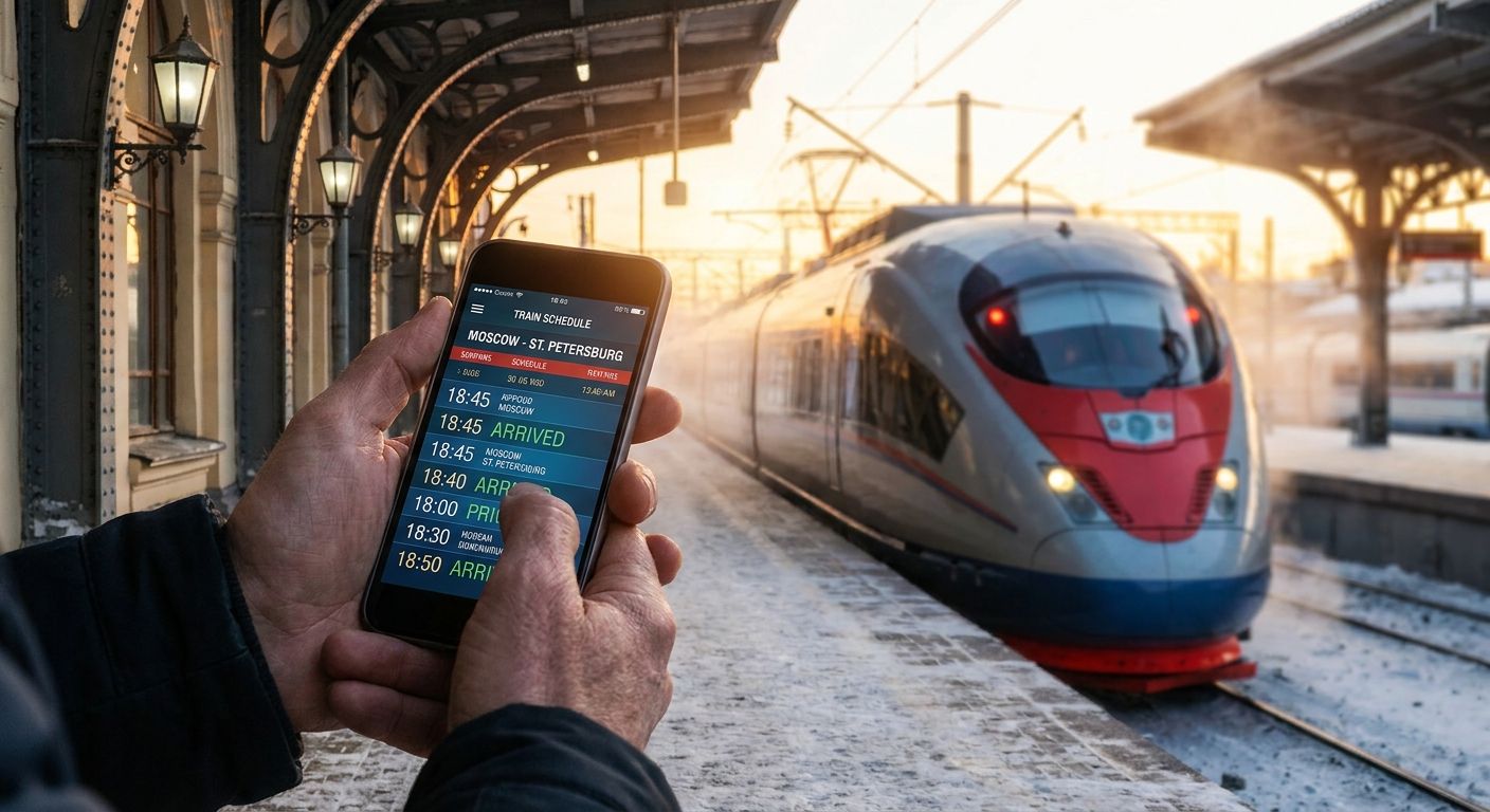 A close-up photograph of a person's hands holding a smartphone displaying a digital clock or a train schedule, against the blurred background of a grand, ornate Russian train station platform. A high-speed train is just pulling into the station, bathed in warm, dramatic light, emphasizing the anticipation of arrival or departure.