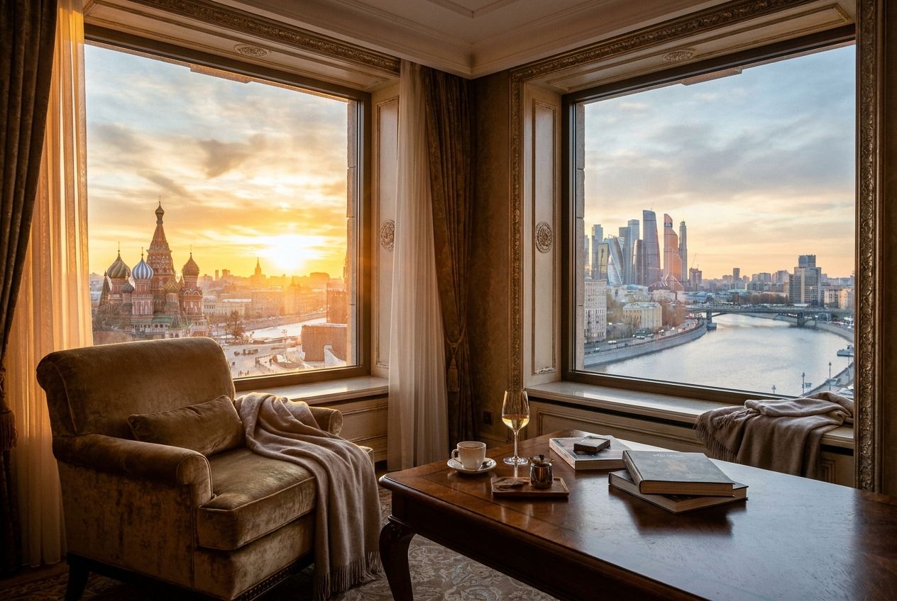 A wide-angle, art-directed photograph of a luxurious hotel suite's window, showcasing a dramatic panoramic view of a vibrant Russian city skyline at dawn. Soft, golden light illuminates the modern and elegant interior, with tactile details in the foreground, composed for a 3:2 landscape frame.