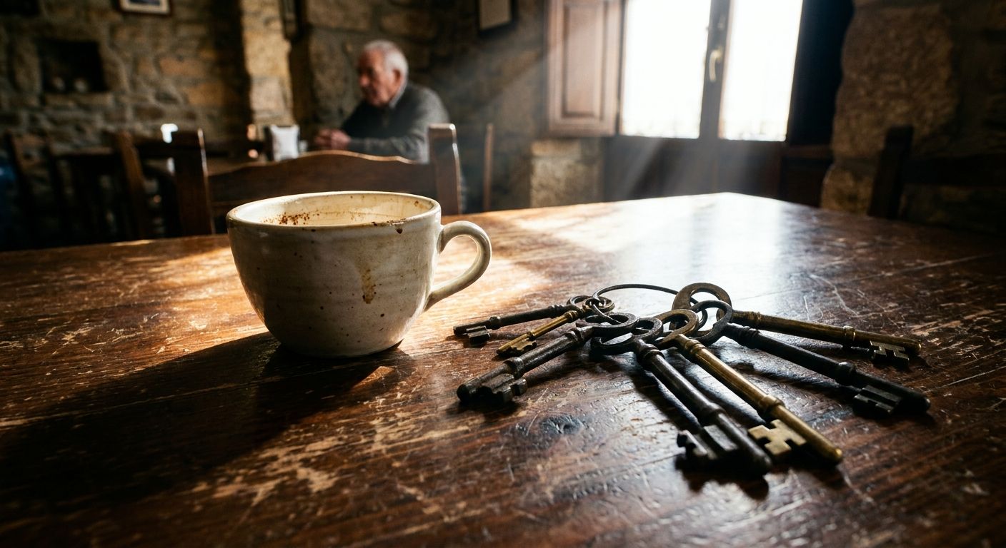 A dramatic close-up photograph of a rustic wooden table in a traditional Spanish cafe. An empty, artisanal ceramic coffee cup and a set of antique, ornate keys rest on the table, bathed in warm, soft sunlight, evoking a sense of a recently completed moment.