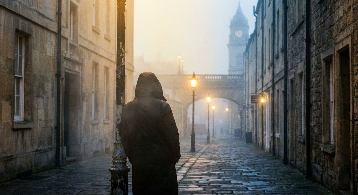 A lone figure, partially obscured and with their back to the viewer, stands on a misty, atmospheric cobblestone street in a historic British city at dawn. The scene, captured in a dramatic photograph with soft, diffused light, evokes a sense of searching or waiting for someone or something in an unspecified place, with the ambiguous, fog-shrouded horizon hinting at the unknown.