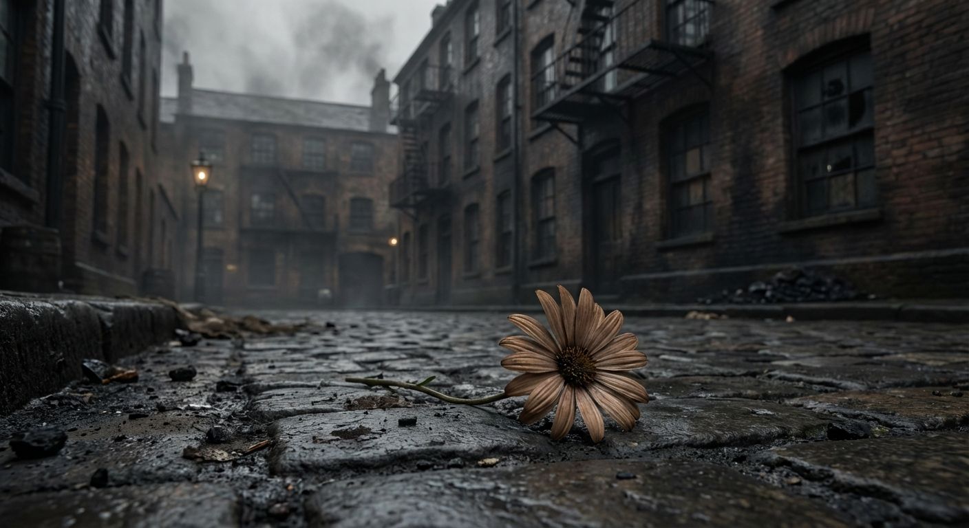 A single, slightly wilting daisy with bruised petals lies on a cold, grimy cobblestone street in a dimly lit, atmospheric 1912 industrial alleyway. The harsh, imposing brick walls of a factory loom in the blurred background, emphasizing the flower's vulnerability and isolation as a poignant symbol of the voiceless working class.