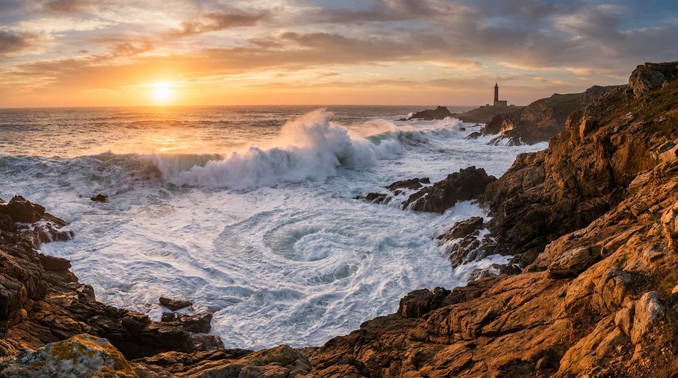 A dramatic wide-angle photograph of powerful ocean waves crashing against a rugged, sun-drenched coastline in Spain, capturing the continuous rhythm of the sea as each wave dramatically builds, breaks, and recedes, symbolizing the starts, stops, and repetitions of actions.