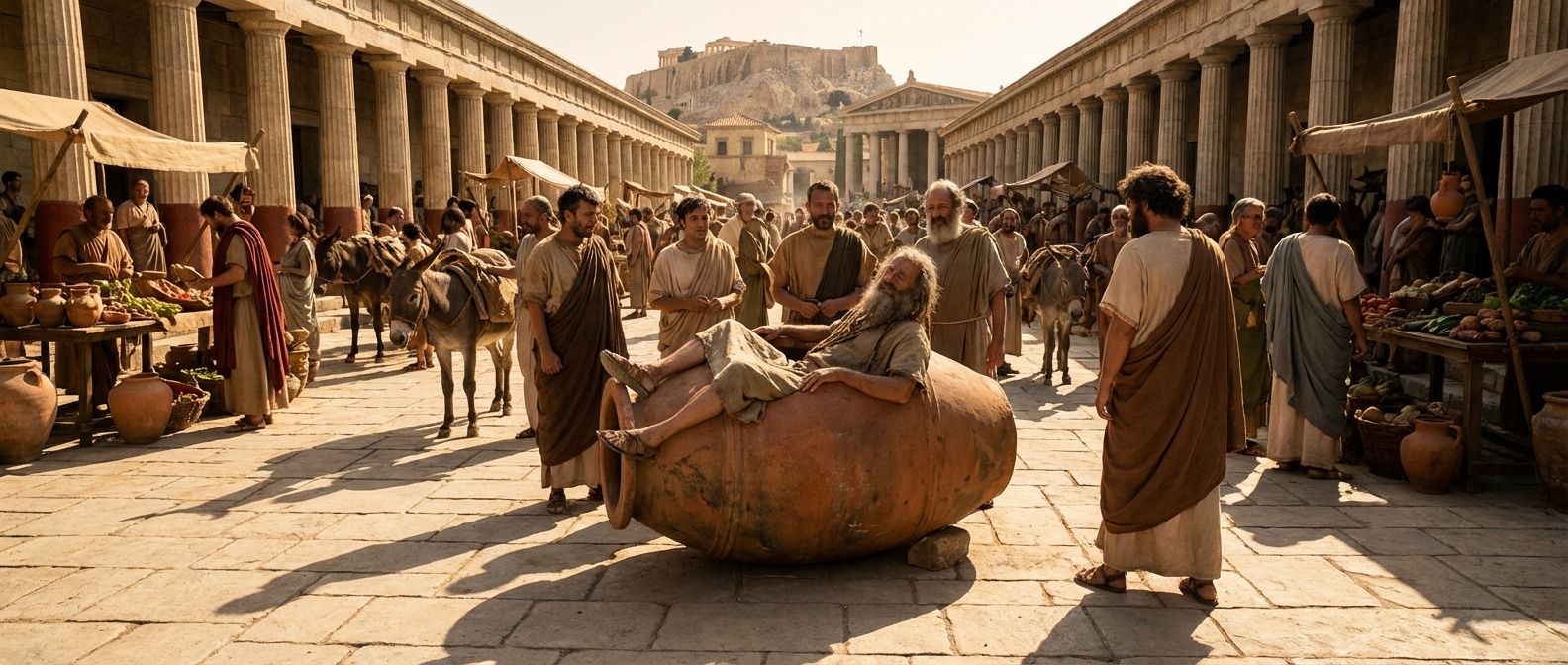 A wide-angle shot of a sun-drenched, ancient Athenian marketplace, where a philosopher resembling Diogenes reclines nonchalantly in a large ceramic jar, seemingly indifferent to the bustling crowd around him. The midday sun casts long shadows, highlighting the philosopher's simple, unadorned existence amidst the ornate architecture and lively commerce, capturing the essence of Cynic detachment from societal norms.