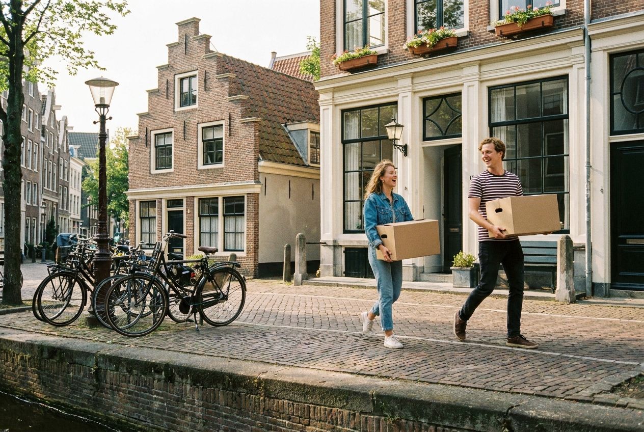 A young couple happily carries moving boxes into a charming, traditional Dutch canal house apartment building on a sunny day. The scene captures the excitement of a new beginning, with bicycles parked nearby and a cobblestone street visible in the foreground, composed as a vivid, warm photograph in a 3:2 landscape frame.