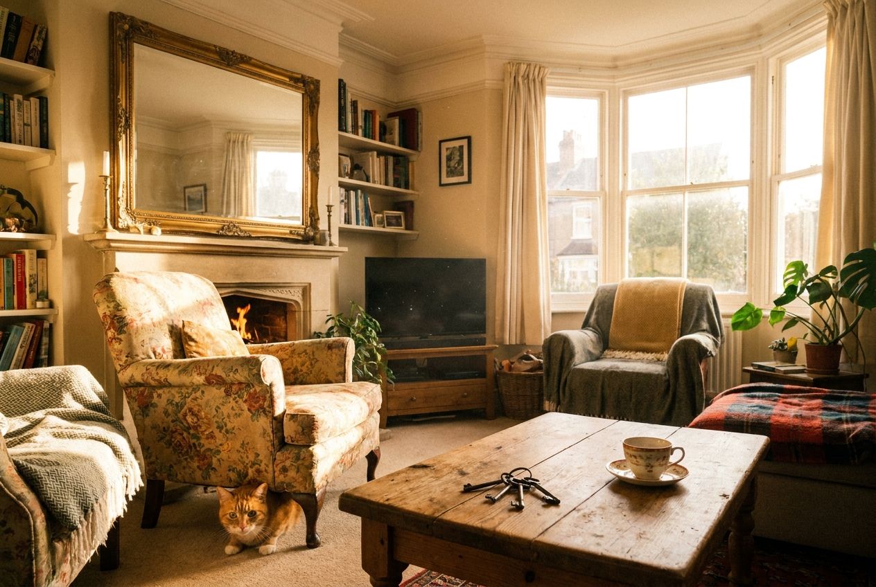 A sunlit, cozy British living room, featuring a ginger cat playfully peeking from under a vintage armchair. On a wooden coffee table, a set of keys rests beside a teacup, while a decorative mirror hangs elegantly above a traditional fireplace. The scene is bathed in warm, natural light, captured as a vivid photograph in a 3:2 landscape format.