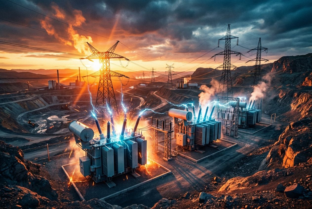 A dramatic wide-angle photograph of massive electrical transformers and high-voltage power lines stretching into the distance across a rugged, industrial landscape at sunset, with a powerful, energetic glow emanating from the equipment. The scene should be composed for a 3:2 landscape frame, emphasizing the scale and impact of the national electricity grid.
