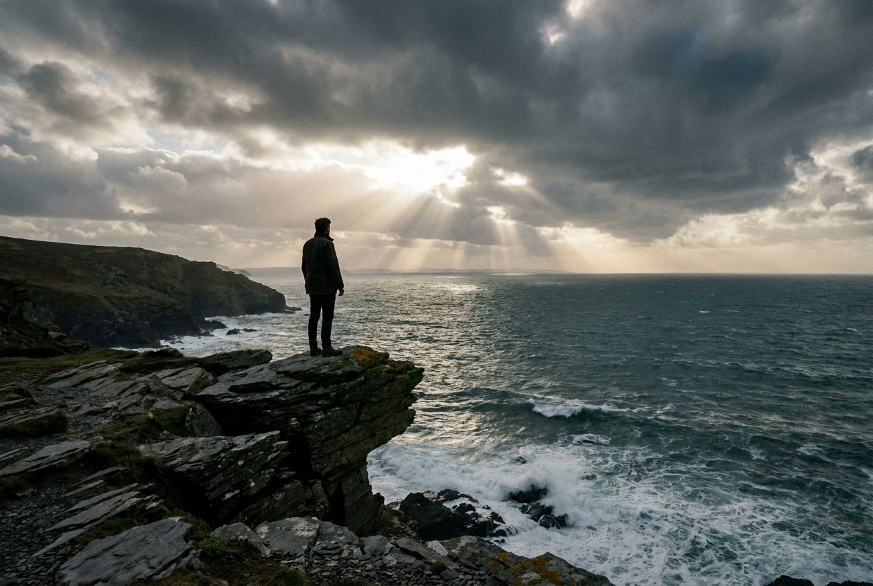 A lone figure stands on a dramatic cliff overlooking a rugged British coastline, with the vast, sparkling sea stretching to the horizon under a dramatic sky. The person is looking out contemplatively, their silhouette framed against the expansive landscape, embodying a sense of reflection on life's grand journey and experiences. Realistic photograph, 3:2 landscape.