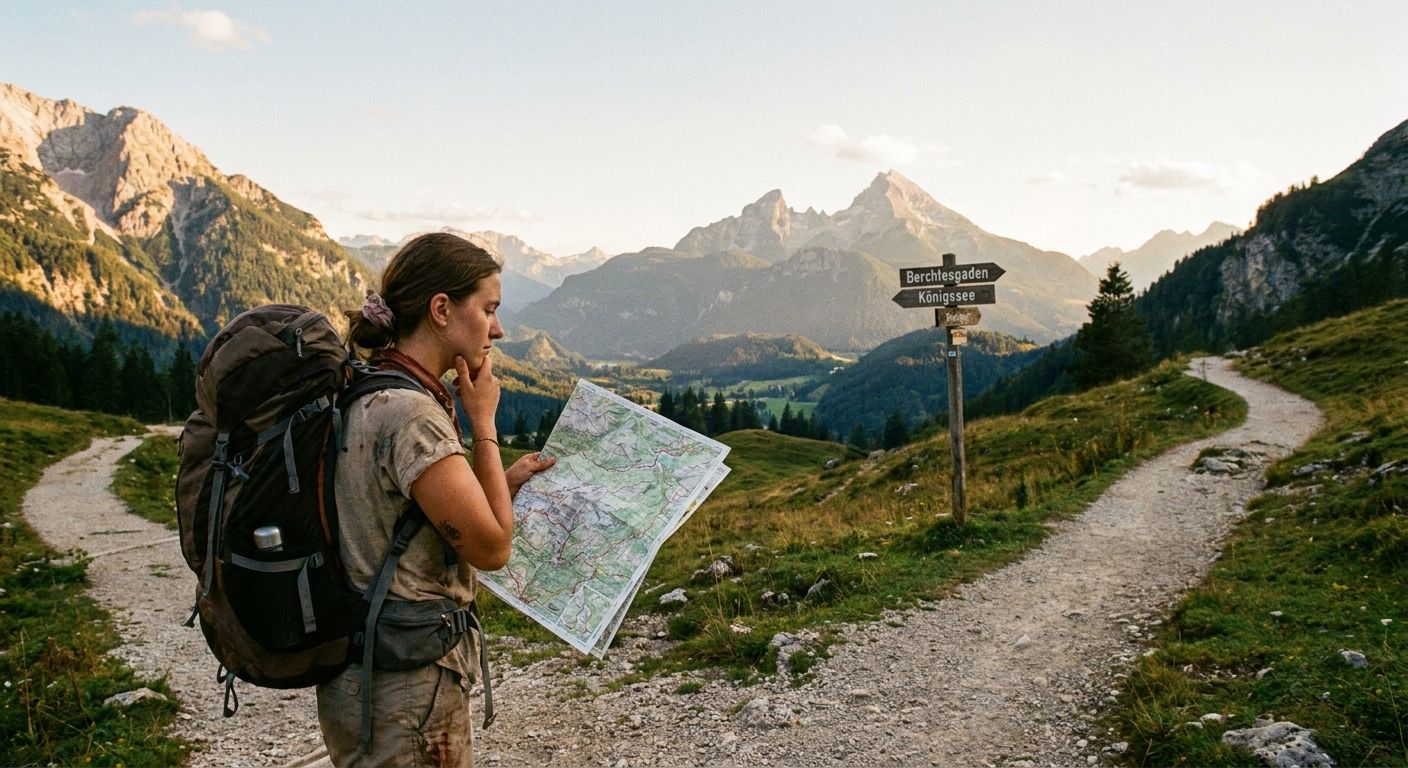 A lone hiker stands at a fork in a winding mountain trail in the Bavarian Alps, gazing thoughtfully at a detailed map. The scene is bathed in the warm light of late afternoon, with majestic peaks towering in the background, conveying a sense of potential, decision, and the journey ahead.