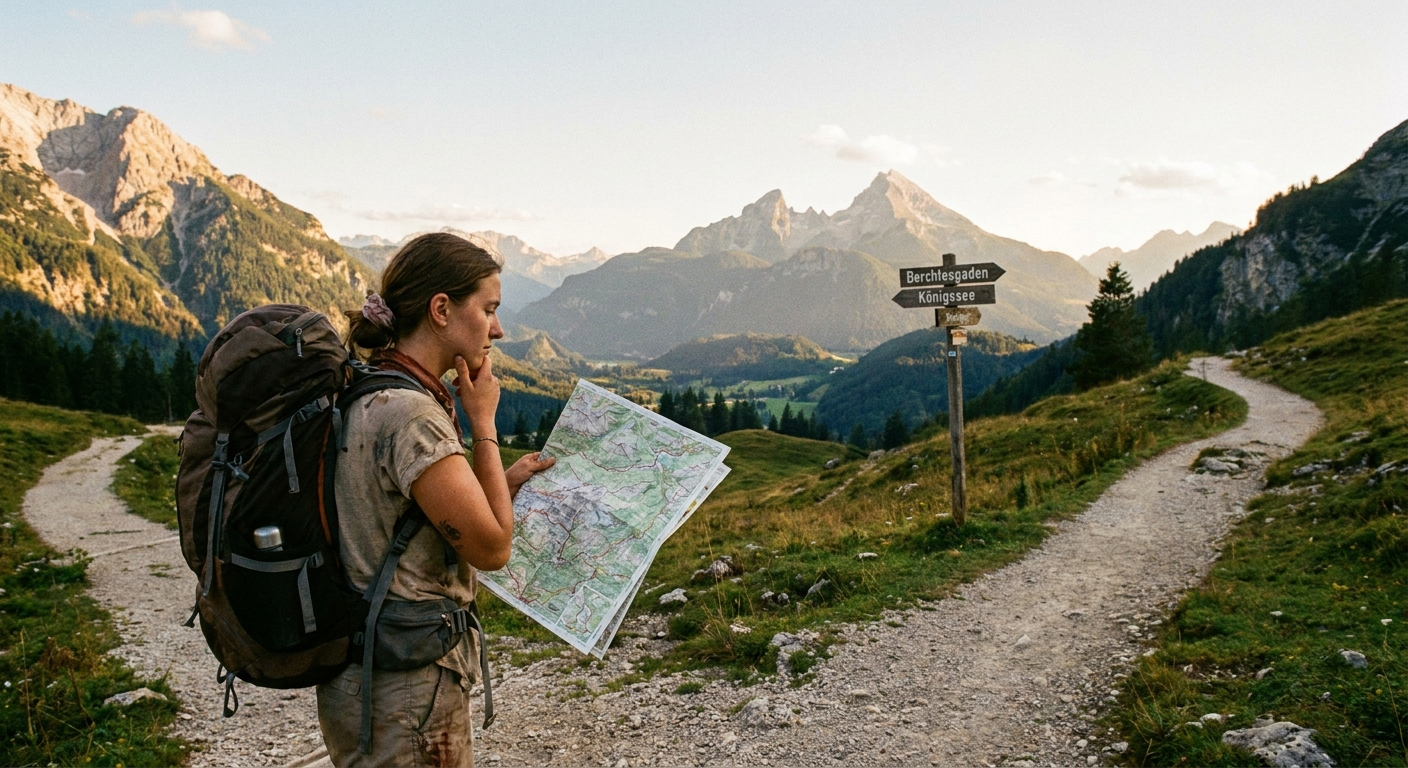 A lone hiker stands at a fork in a winding mountain trail in the Bavarian Alps, gazing thoughtfully at a detailed map. The scene is bathed in the warm light of late afternoon, with majestic peaks towering in the background, conveying a sense of potential, decision, and the journey ahead.