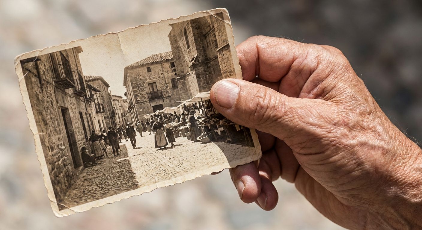 An extreme close-up photograph of an aged, wrinkled hand gently holding a vintage, slightly faded photograph from the past. The old photograph depicts a lively, sun-drenched street scene in a historic Spanish town, with people socializing and vibrant architecture in the background, creating a strong sense of nostalgia and completed memories.