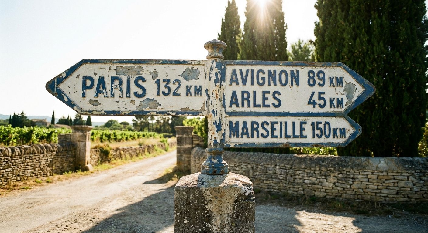 This is a photo of a weathered road sign in a rural, sunny environment. The sign is painted white with blue lettering and borders, pointing towards Paris, Avignon, Arles and Marseille, with distances in kilometers. The paint is chipping, giving it a vintage feel. It's mounted on a mossy stone pillar.

The background features a gravel road receding into the distance, bordered by low stone walls and vineyards on one side, and dense green trees on the other. The bright sunlight washes out the sky, creating a high-key effect and causing lens flare behind the tall trees. The style is reminiscent of a travel photograph, capturing the essence of the French countryside.