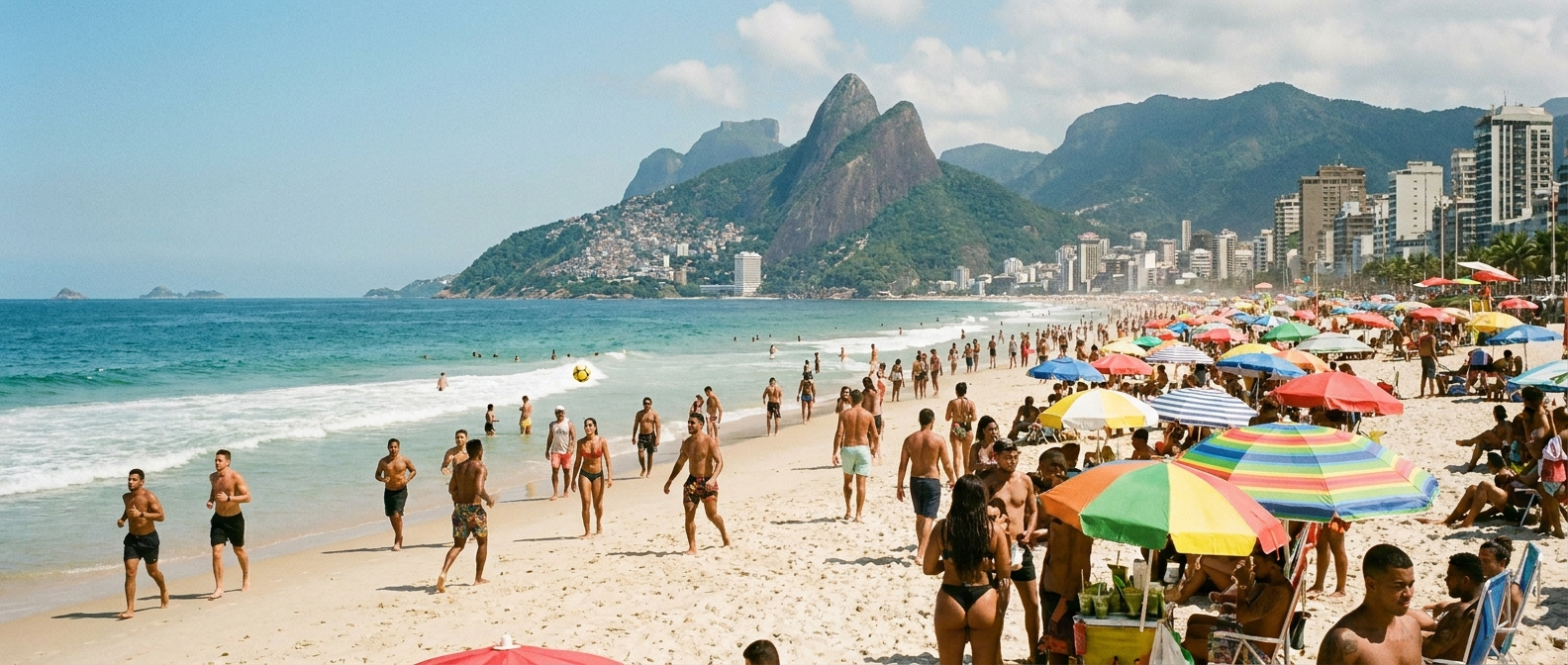 A vibrant, wide-angle photograph of a bustling beach scene in Rio de Janeiro on a sunny day, with diverse people engaged in everyday activities: some are jogging along the shore, others are playing volleyball, while groups of friends socialize over drinks and snacks, all set against the backdrop of the ocean and the city. The atmosphere is lively and captures the dynamic essence of Brazilian daily life.