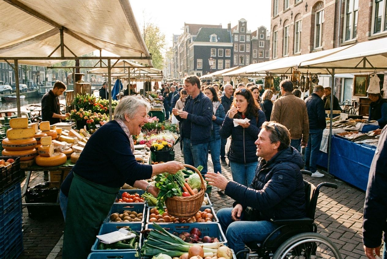 A vivid, authentic photograph of a lively outdoor market in the Netherlands, bustling with people conversing and interacting, a friendly vendor in the foreground exchanging goods with a customer, capturing a sense of everyday ability and possibility. The scene is bathed in warm, natural light, composed for a 3:2 landscape frame.