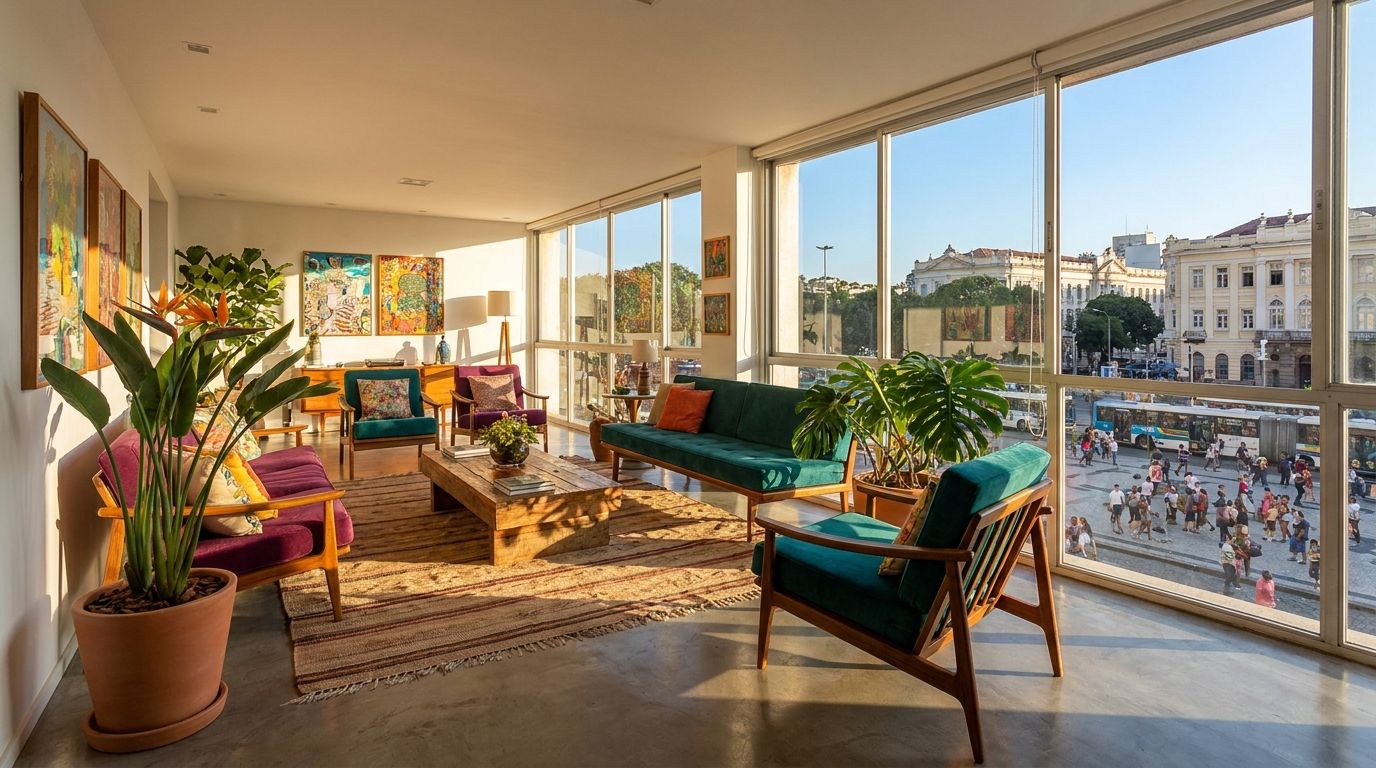 A vibrant, sun-drenched living room in a modern Brazilian apartment, featuring contemporary design, lush indoor plants, and large windows offering a dynamic view of a bustling street in a Brazilian city. The scene is inviting and composed as a wide, horizontal photograph.