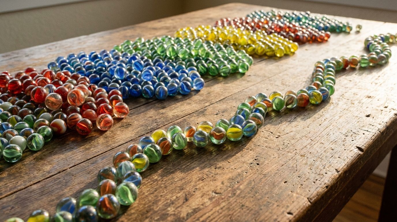 A dramatic, wide-angle close-up photograph of a vibrant collection of antique glass marbles in various sizes and colors, meticulously arranged into distinct, colourful groupings on a rustic wooden table. A subtle, gently sloping line of marbles curves across the foreground, hinting at data trends over time. Soft, warm sunlight illuminates the scene, casting long, delicate shadows and highlighting the unique textures.