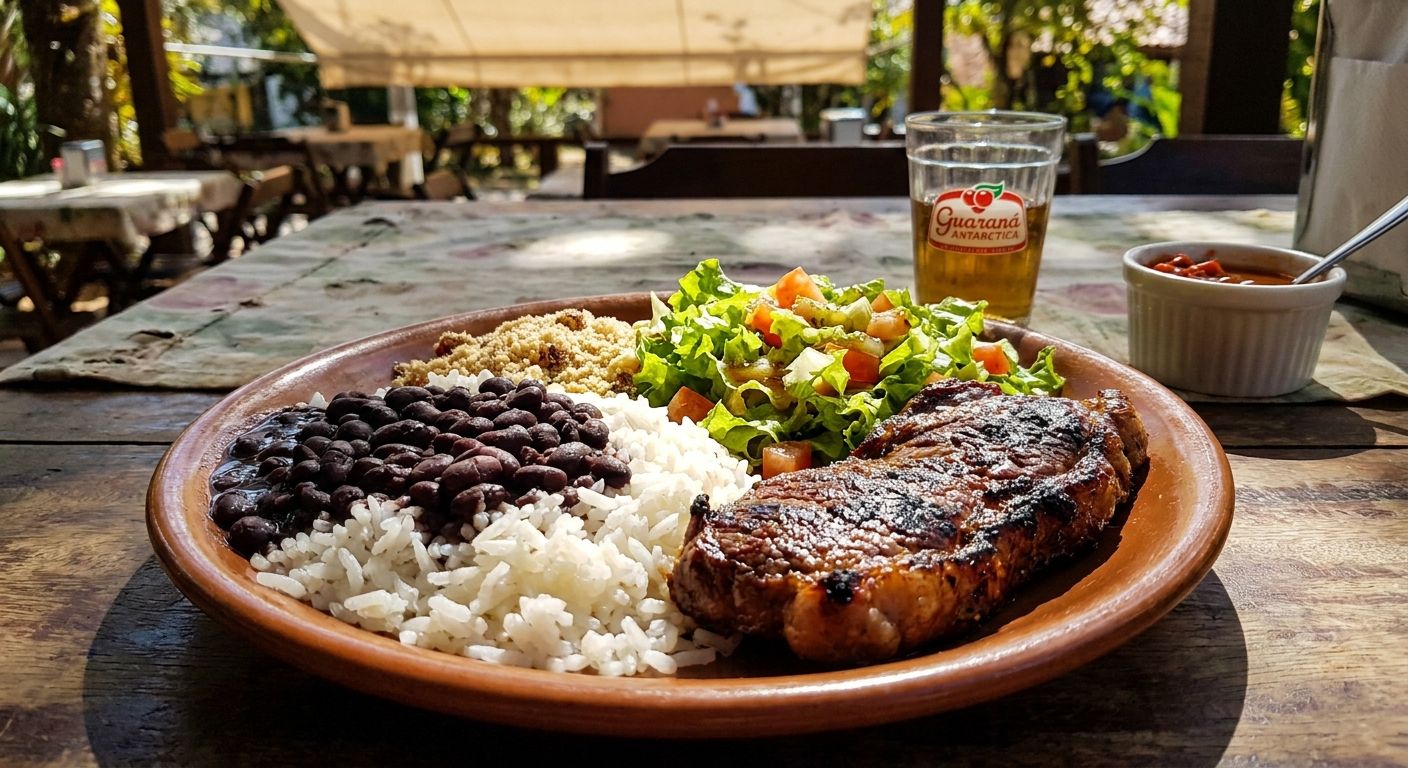 A vibrant, mouth-watering close-up photograph of a traditional Brazilian 'prato feito' lunch. The plate features a generous serving of white rice, black beans, grilled steak, and a fresh salad of lettuce and tomatoes, all brightly lit to showcase rich colors and textures. The scene is set on a simple, rustic wooden table in a sunny outdoor Brazilian cafe.