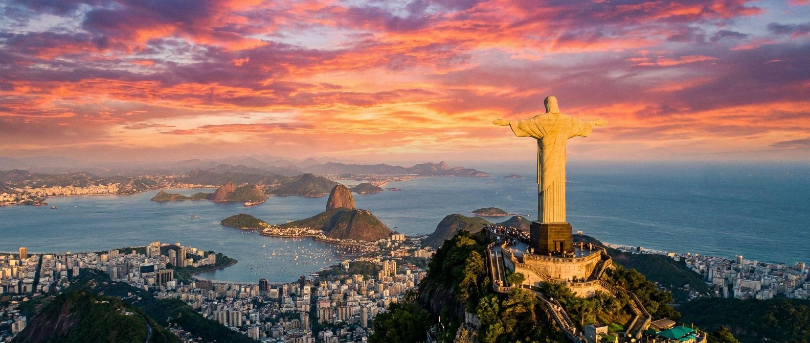 A wide-angle, vivid photograph of Christ the Redeemer statue standing majestically above Rio de Janeiro, with the sprawling city and Guanabara Bay visible below. The scene is bathed in the warm, golden light of a dramatic sunset, casting long shadows and highlighting the statue against a vibrant sky. The image should evoke a sense of grandeur and the unique beauty of Brazil.