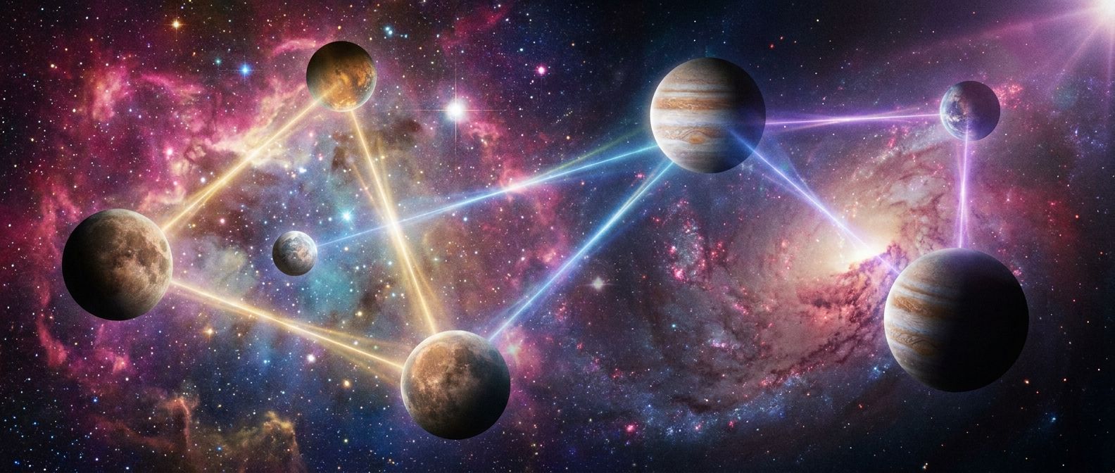 A breathtaking wide-angle photograph captures a vibrant galaxy, with several planets suspended in cosmic dust. Ethereal, colorful beams of light connect these planets, forming distinct geometric patterns that represent dynamic astrological aspects, all bathed in dramatic cosmic light and shadow.
