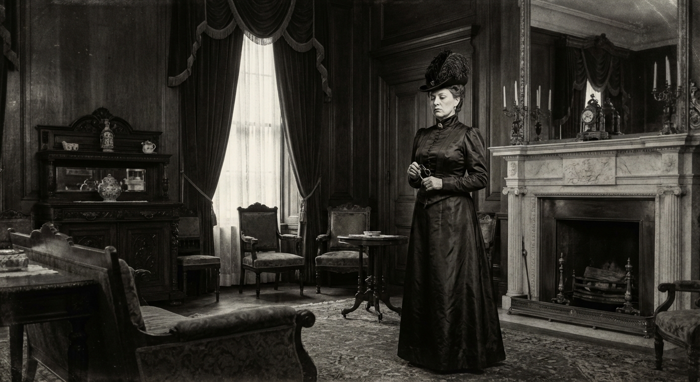 A striking photograph of an elegantly dressed woman in early 20th-century attire, her face composed in a stern, unyielding, and subtly disdainful expression. She stands rigidly in a grand, opulent, yet cold and formal Edwardian drawing-room, her gaze fixed slightly downwards, embodying an entrenched sense of social superiority and detachment.