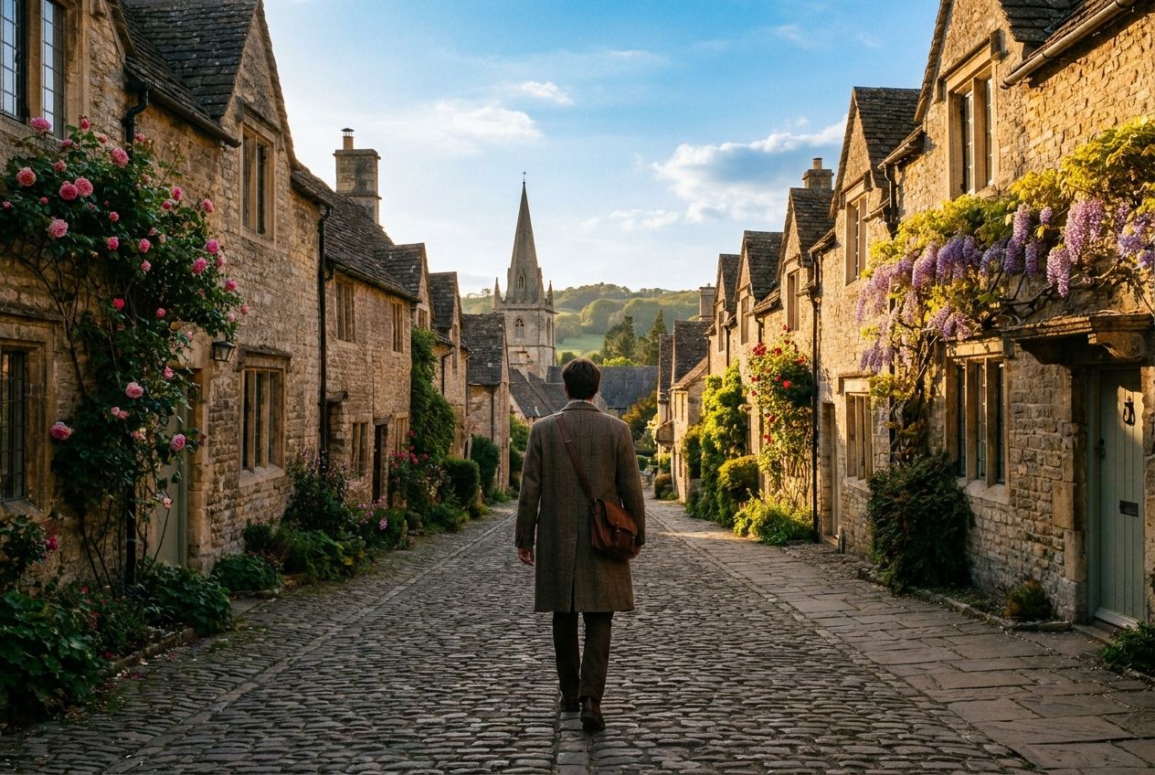 A striking, cinematic photograph of a solitary figure walking along a historic cobbled street in a charming British village, bathed in warm, clear sunlight. The figure is distinct and central in the frame, with quaint stone buildings and lush greenery in the background, under a bright blue sky, composed for a 3:2 landscape frame.
