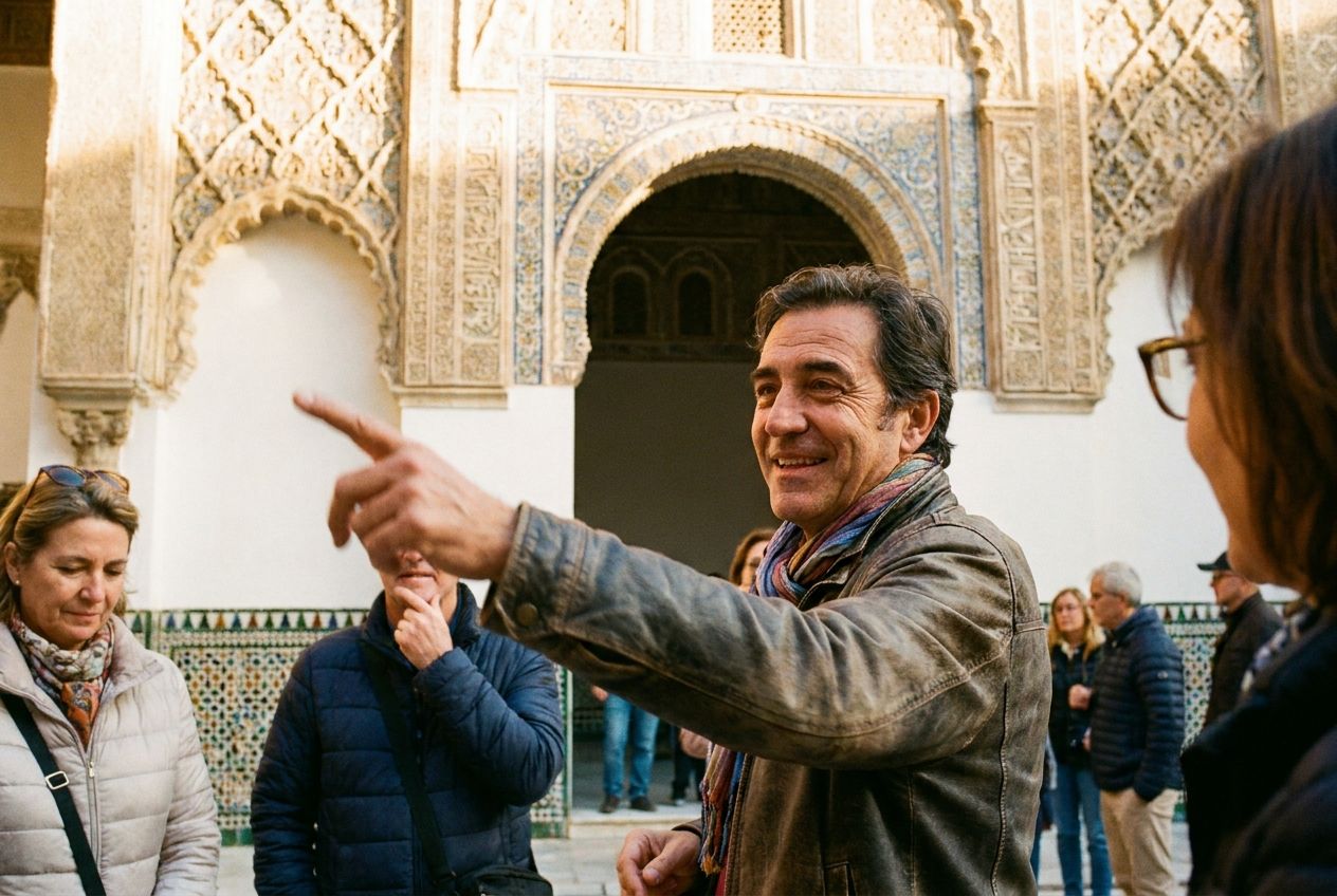 A vibrant, cinematic photograph of a charismatic Spanish tour guide, with a warm smile and clear, engaging eyes, gesturing towards an ornate, sun-drenched architectural detail of a historic building in Seville, Spain. The guide's hand is in motion, conveying clarity and direction, composed for a 3:2 landscape frame.