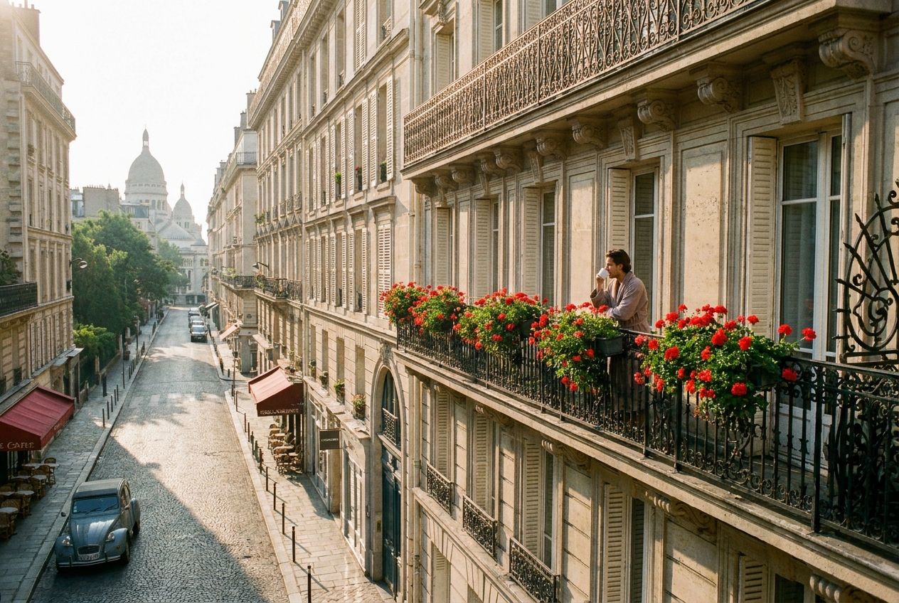 A cinematic, wide-angle photograph of a quintessential Parisian Haussmannian apartment building, its ornate iron balconies adorned with vibrant red geraniums. The soft morning light casts long shadows, and a person is visible enjoying coffee on one of the balconies, overlooking a charming neighbourhood street, composed for a 3:2 landscape frame.