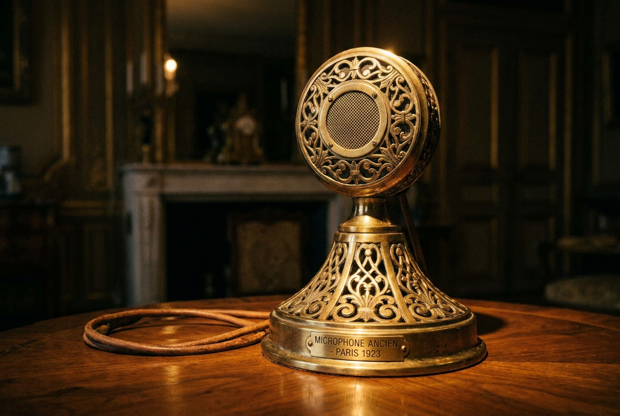 An elegant, vintage French-style microphone with intricate brass details, gleaming under a soft spotlight on a polished wooden surface, evoking the precision and beauty of spoken sound, 3:2 landscape, photograph.